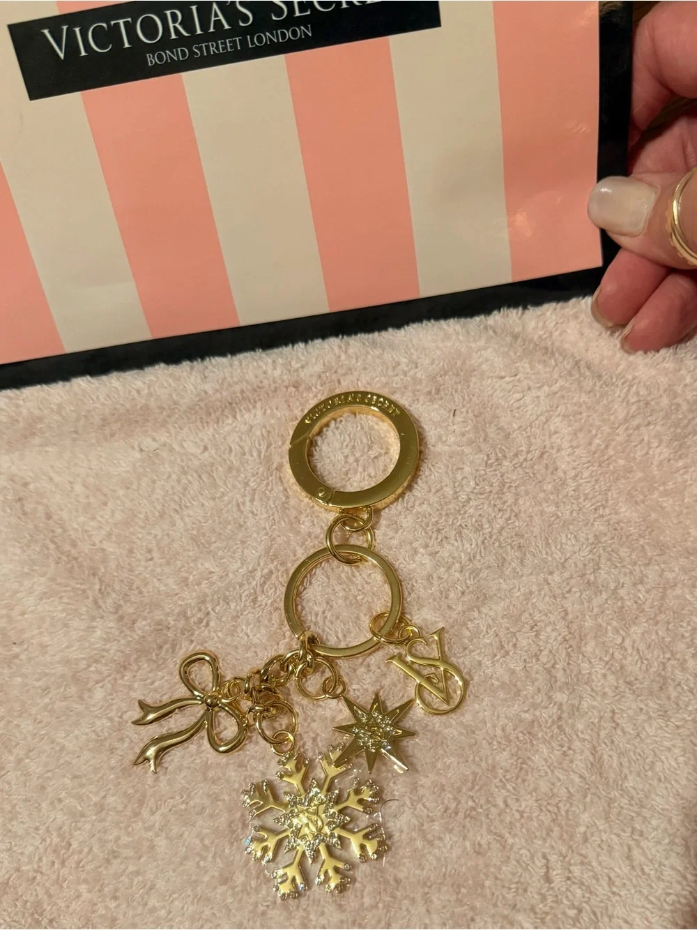 Victoria's Secret Gold Charm Keychain-Bag Charm With Bow & Snowflakes